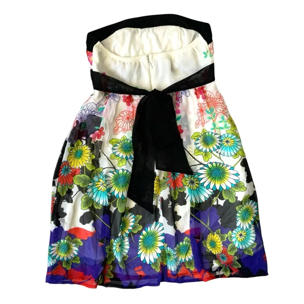 Vintage FOREVER 21 Floral Strapless Mini Dress Y2K Empire Waist Multicolor Small
